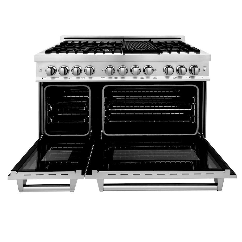 ZLINE 48 in. 6.0 cu. ft. Legacy Dual Fuel Range with 7 Burner Gas Cooktop and 2 Electric Ovens in Stainless Steel in Griddle (RA-GR-48) front, oven open.