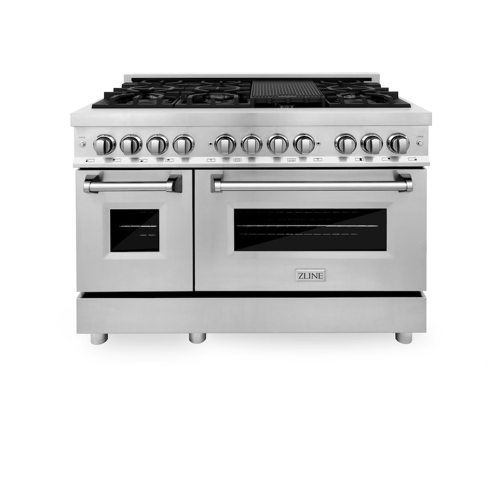 ZLINE 48 in. 6.0 cu. ft. Legacy Dual Fuel Range with 7 Burner Gas Cooktop and 2 Electric Ovens in Stainless Steel (RA48) front, oven closed.