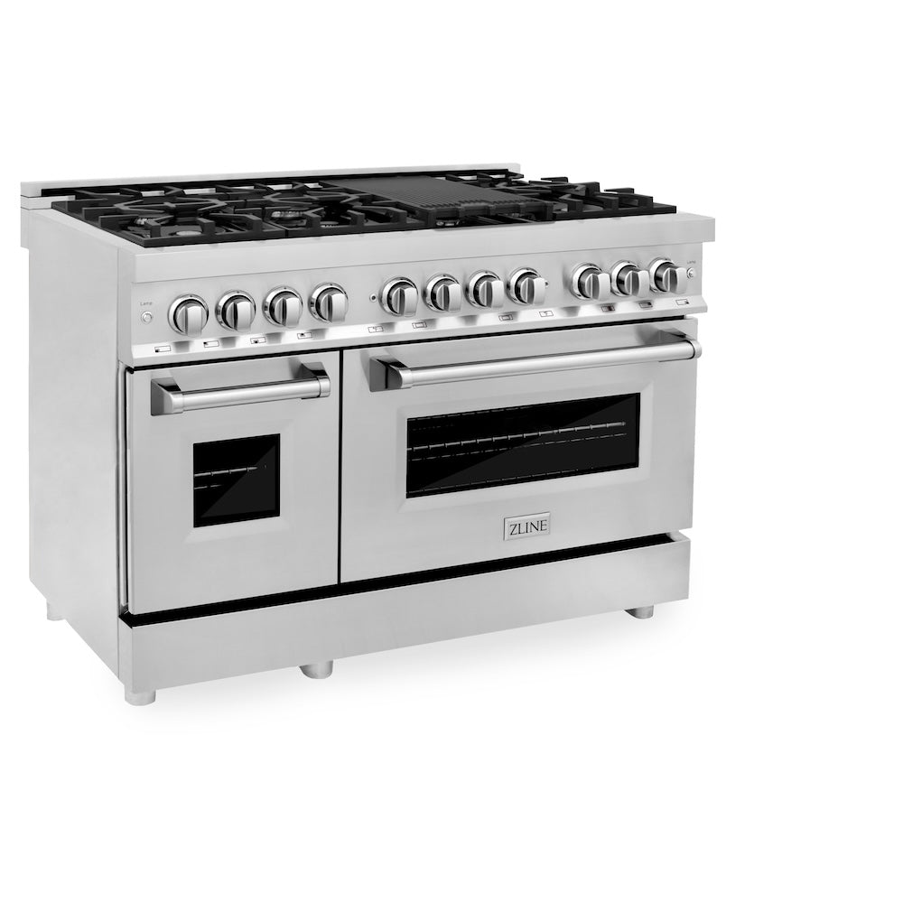 ZLINE 48 in. 6.0 cu. ft. Legacy Dual Fuel Range with 7 Burner Gas Cooktop and 2 Electric Ovens in Stainless Steel (RA48) side, oven closed.