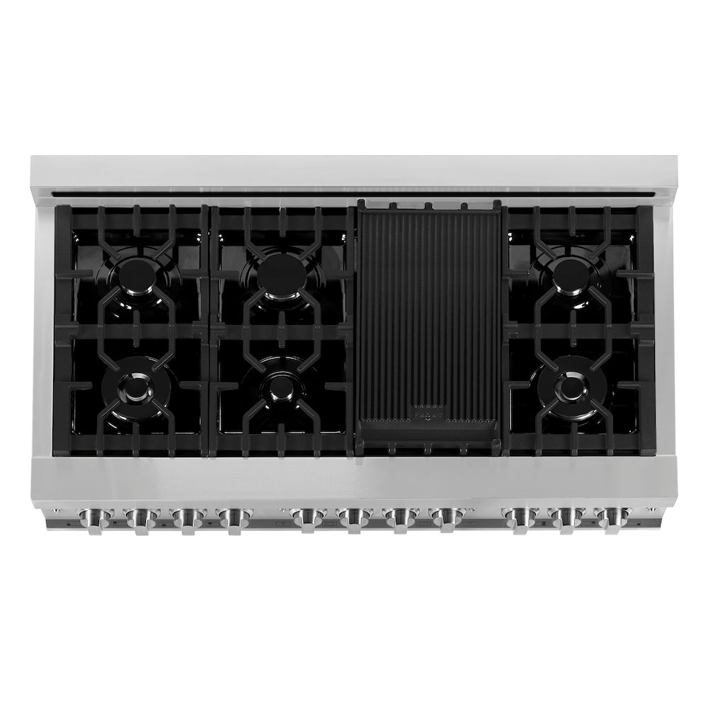 ZLINE 48 in. 6.0 cu. ft. Legacy Dual Fuel Range with 7 Burner Gas Cooktop and 2 Electric Ovens in Stainless Steel in Griddle (RA-GR-48) top-down, above cooktop.