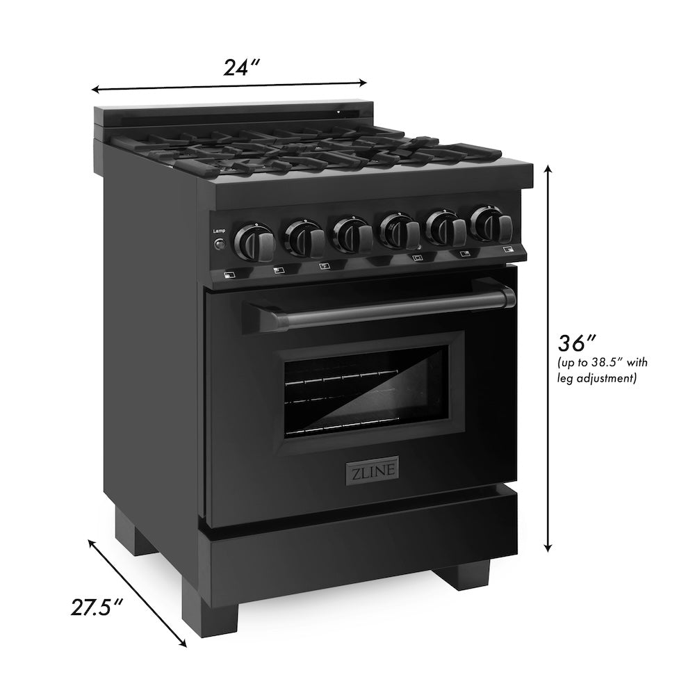 ZLINE 24 in. 2.8 cu. ft. Legacy Dual Fuel Range with 4 Burner Gas Cooktop and Electric Convection Oven in Black Stainless Steel, Open Box-Good Condition dimensional diagram.