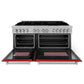 ZLINE 60 in. 7.4 cu. ft. Legacy Dual Fuel Range with 9 Burner Gas Cooktop and 2 Electric Convection Ovens in Satin Stainless Steel and Red Matte Doors (RAS-RM-60) front, oven open.