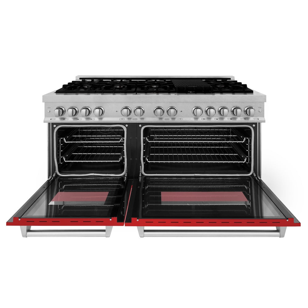 ZLINE 60 in. 7.4 cu. ft. Legacy Dual Fuel Range with 9 Burner Gas Cooktop and 2 Electric Convection Ovens in Satin Stainless Steel and Red Matte Doors (RAS-RM-60) front, oven open.
