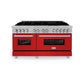ZLINE 60 in. 7.4 cu. ft. Legacy Dual Fuel Range with 9 Burner Gas Cooktop and 2 Electric Convection Ovens in Satin Stainless Steel and Red Matte Doors (RAS-RM-60) front.