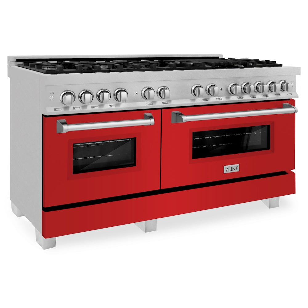 ZLINE 60 in. 7.4 cu. ft. Legacy Dual Fuel Range with 9 Burner Gas Cooktop and 2 Electric Convection Ovens in Satin Stainless Steel and Red Matte Doors (RAS-RM-60) main image.