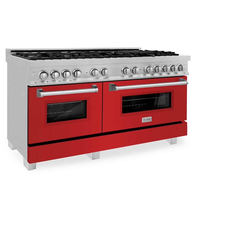 ZLINE 60 in. 7.4 cu. ft. Legacy Dual Fuel Range with 9 Burner Gas Cooktop and 2 Electric Convection Ovens in Satin Stainless Steel and Red Matte Doors (RAS-RM-60) side.