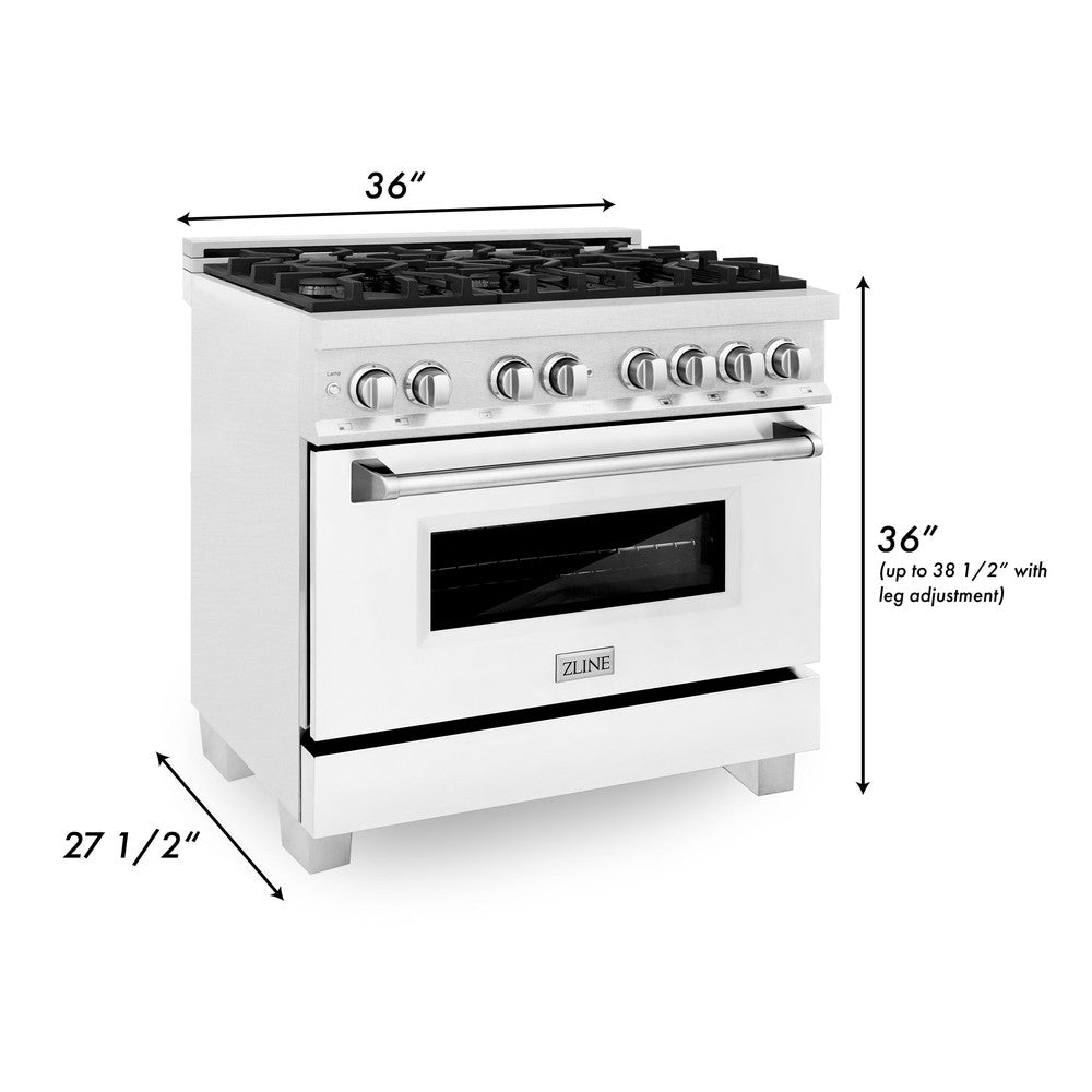 ZLINE 36 in. Kitchen Package with DuraSnow® Stainless Steel Dual Fuel Range with White Matte Door and Convertible Vent Range Hood (2KP-RASWMRH36) dimensional diagram with measurements.