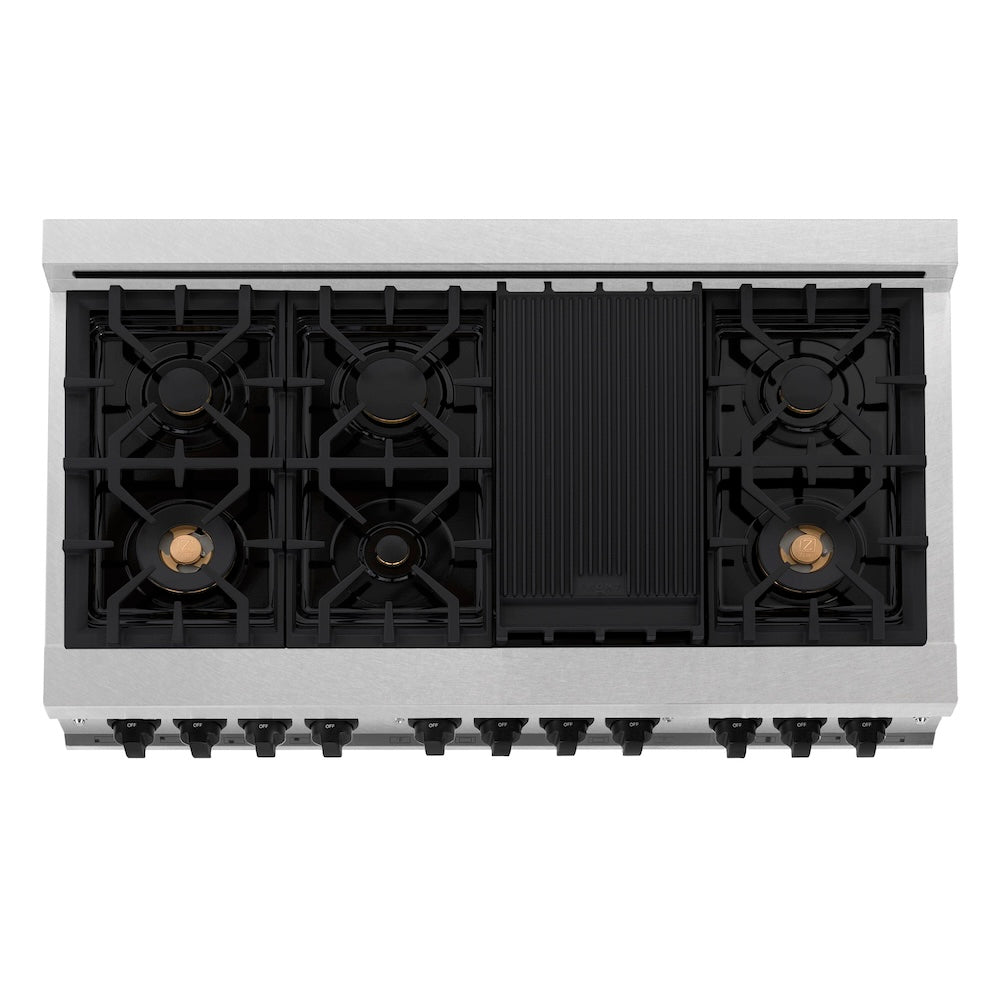 ZLINE Autograph Edition 48 in. 6.0 cu. ft. Legacy Dual Fuel Range with 7 Burner Gas Cooktop and 2 Electric Ovens in DuraSnow® Stainless Steel with White Matte Doors and Matte Black Accents (RASZ-WM-48-MB) top-down, above cooktop.