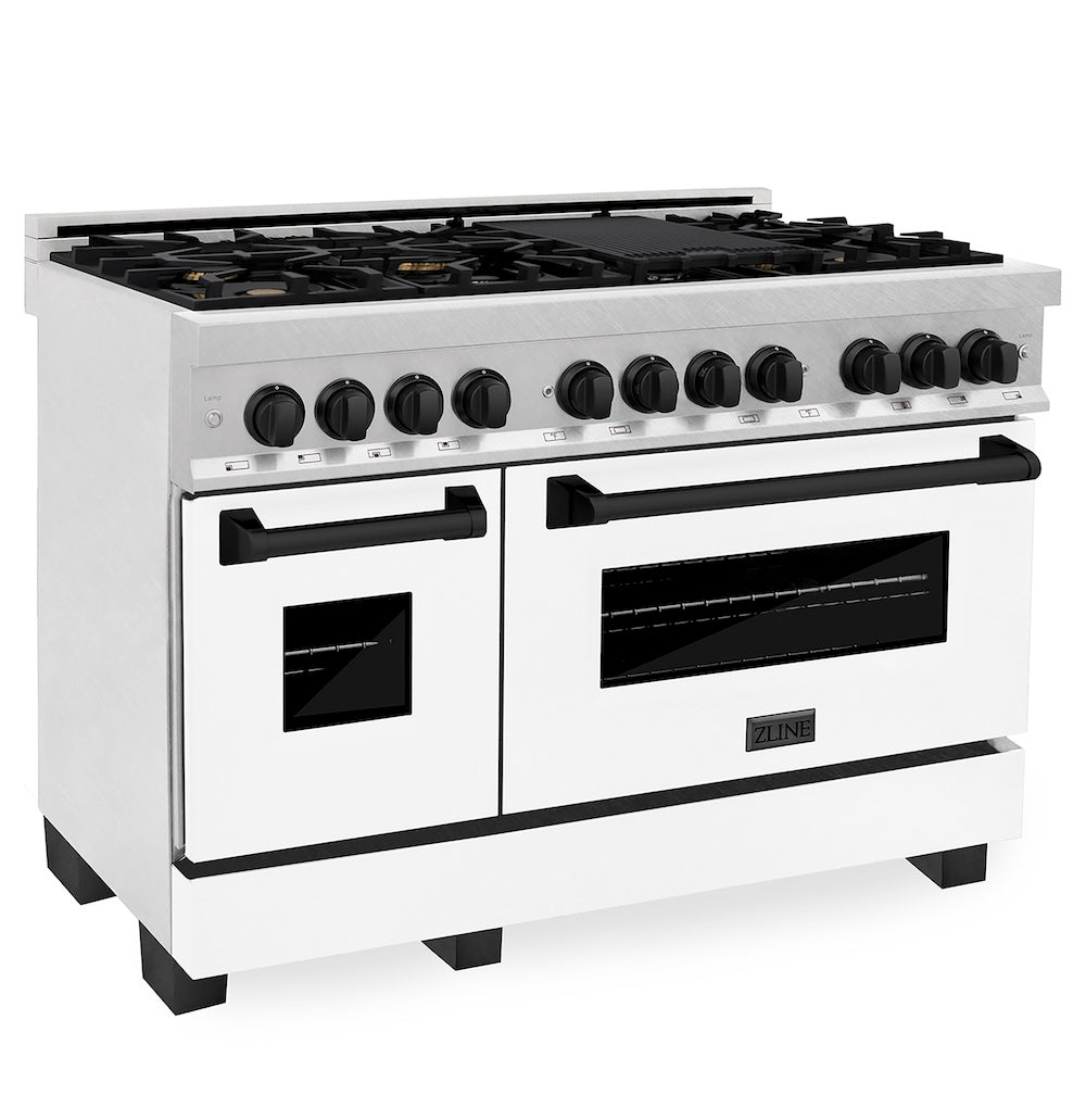 ZLINE Autograph Edition 48 in. 6.0 cu. ft. Legacy Dual Fuel Range with 7 Burner Gas Cooktop and 2 Electric Ovens in DuraSnow® Stainless Steel with White Matte Doors and Matte Black Accents (RASZ-WM-48-MB)