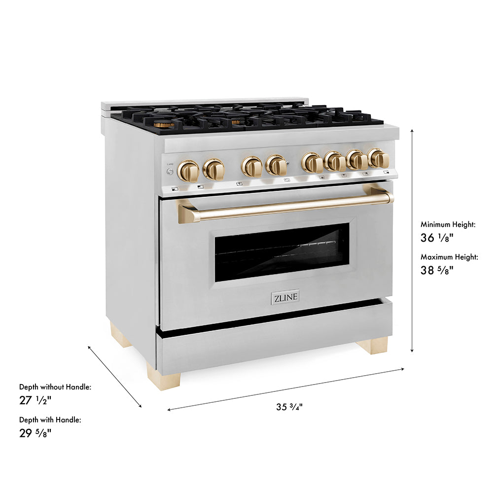 ZLINE Autograph Edition 36 in. 4.6 cu. ft. Legacy Dual Fuel Range with 6 Burner Gas Cooktop and Electric Convection Oven in Stainless Steel and Polished Gold Accents, Open Box-Good Condition dimensional diagram.