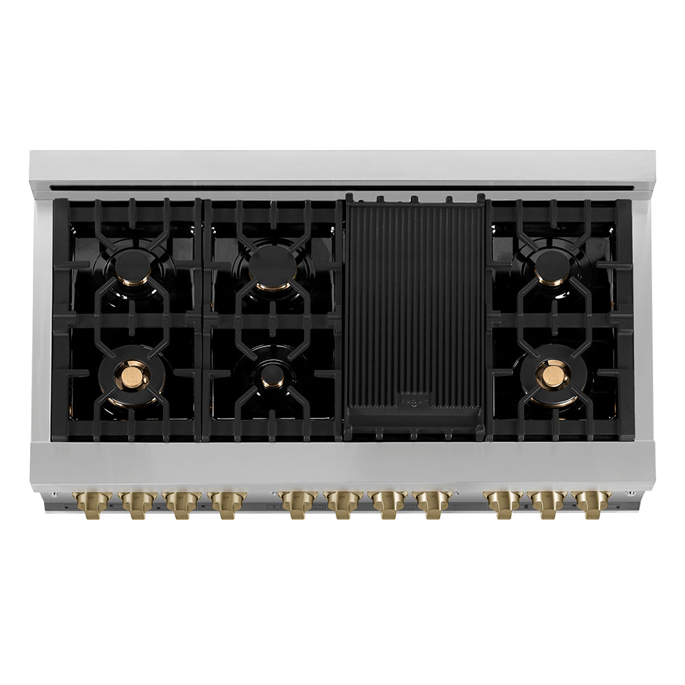 ZLINE Autograph Edition 48 in. 6.0 cu. ft. Legacy Dual Fuel Range with 7 Burner Gas Cooktop and 2 Electric Ovens in Stainless Steel and Champagne Bronze Accents, Open Box-Good Condition