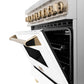 ZLINE Autograph Edition 36 in. 4.6 cu. ft. Legacy Dual Fuel Range with 6 Burner Gas Cooktop and Electric Convection Oven in Stainless Steel with White Matte Door and Polished Gold Accents (RAZ-WM-36-G) oven door.