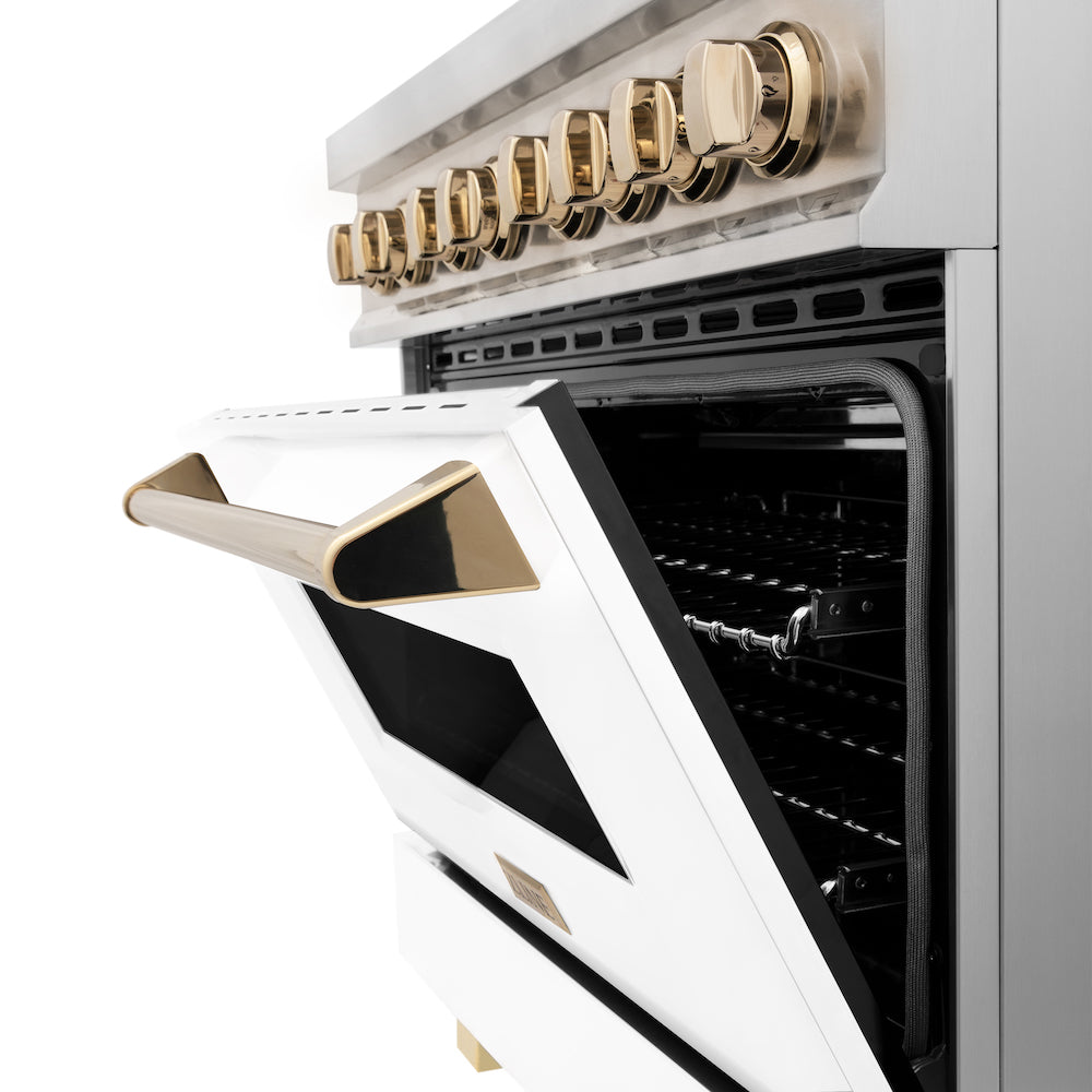 ZLINE Autograph Edition 36 in. 4.6 cu. ft. Legacy Dual Fuel Range with 6 Burner Gas Cooktop and Electric Convection Oven in Stainless Steel with White Matte Door and Polished Gold Accents (RAZ-WM-36-G) oven door.