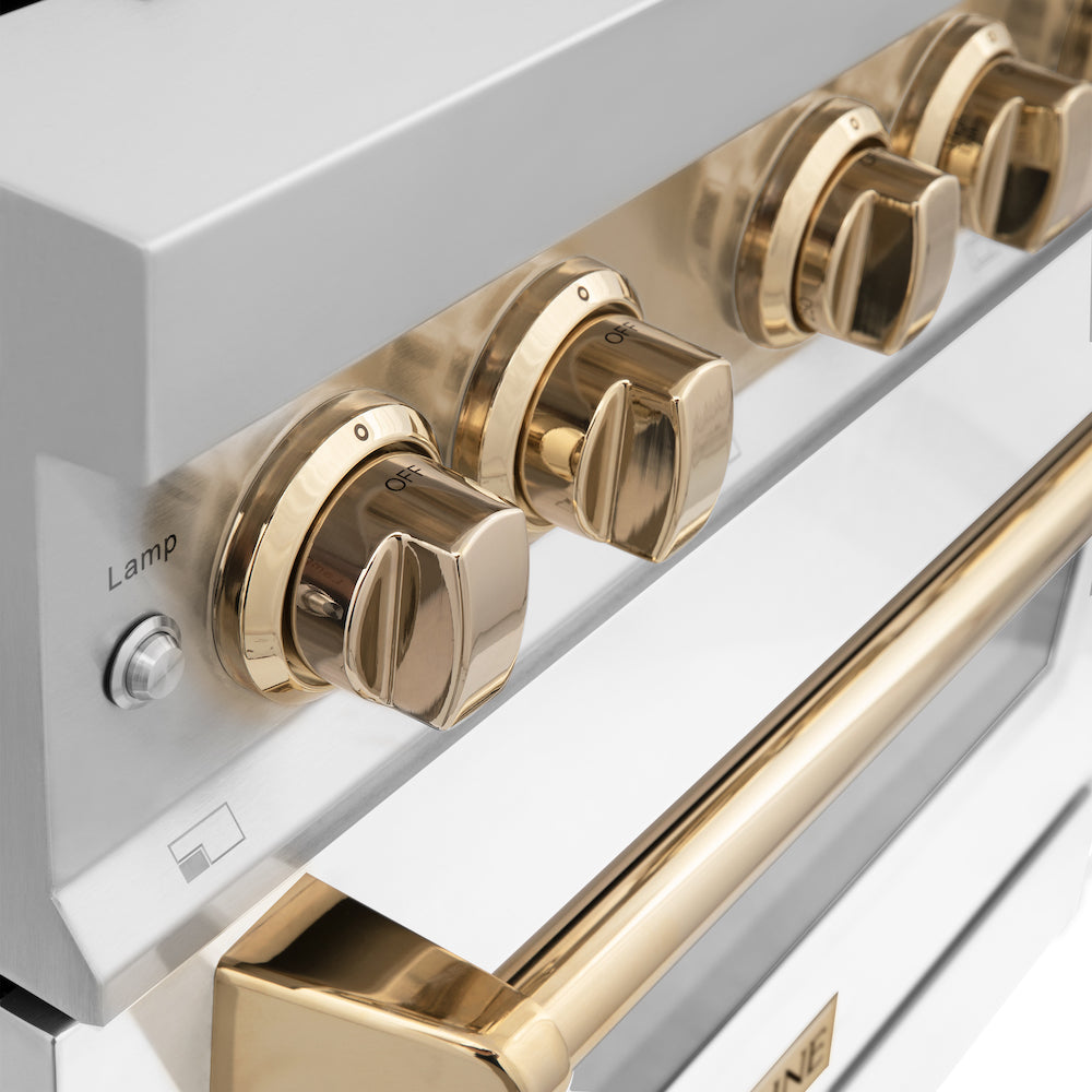 ZLINE Autograph Edition 36 in. 4.6 cu. ft. Legacy Dual Fuel Range with 6 Burner Gas Cooktop and Electric Convection Oven in Stainless Steel with White Matte Door and Polished Gold Accents (RAZ-WM-36-G) knobs.