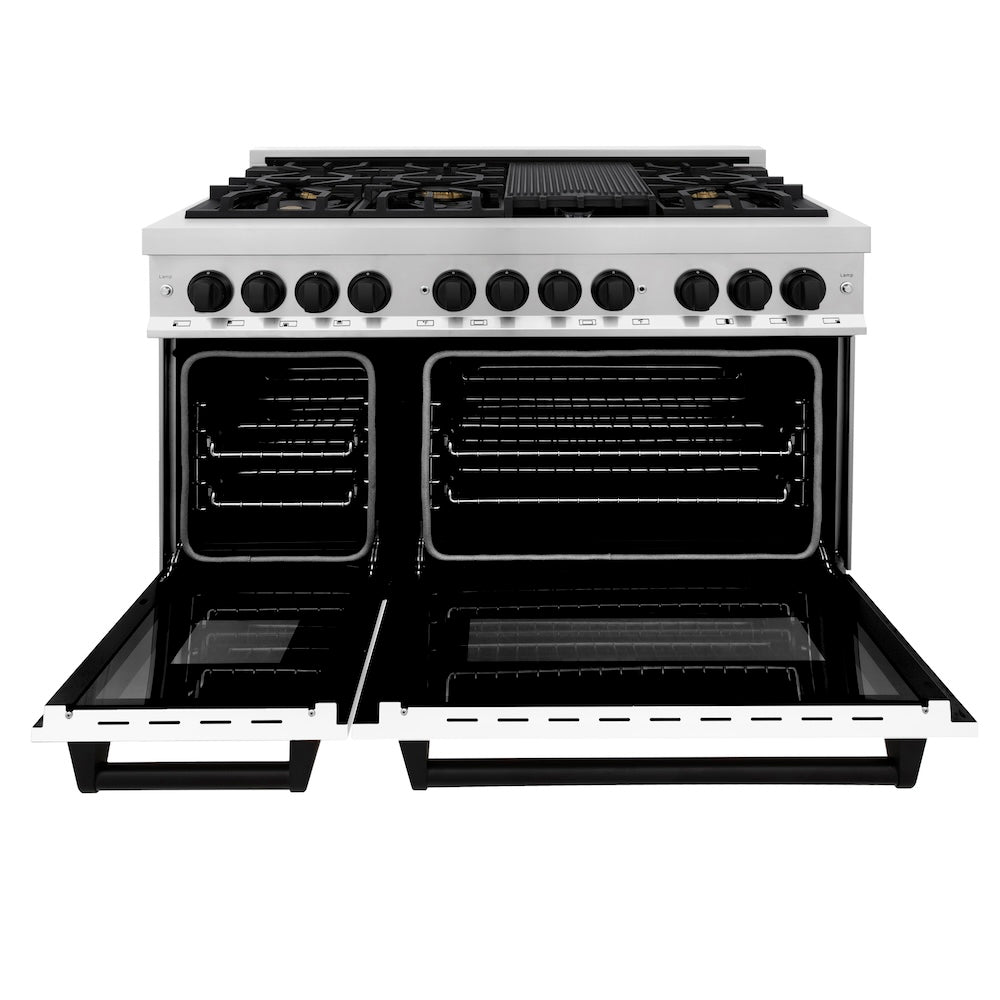 ZLINE Autograph Edition 48 in. 6.0 cu. ft. Legacy Dual Fuel Range with 7 Burner Gas Cooktop and 2 Electric Ovens in Stainless Steel with White Matte Doors and Matte Black Accents (RAZ-WM-48-MB) front, oven open.