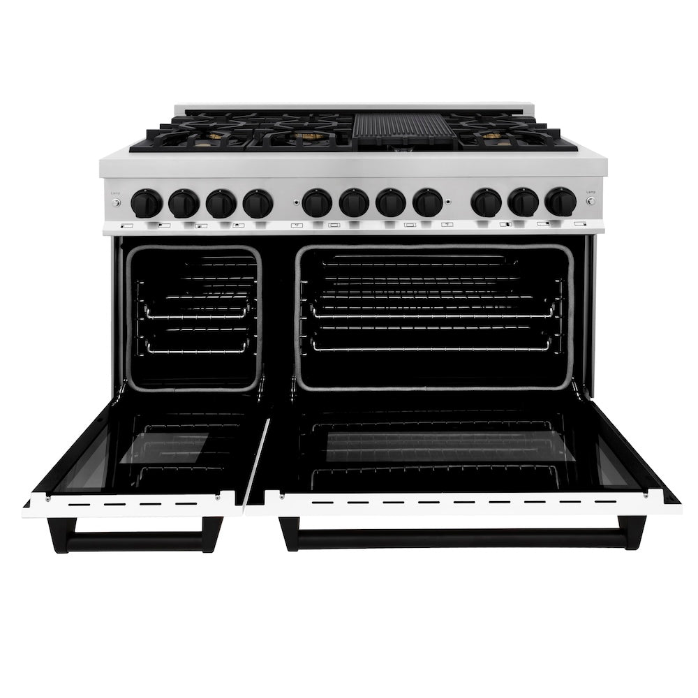 ZLINE Autograph Edition 48 in. 6.0 cu. ft. Legacy Dual Fuel Range with 7 Burner Gas Cooktop and 2 Electric Ovens in Stainless Steel with White Matte Doors and Matte Black Accents, Open Box-Good Condition