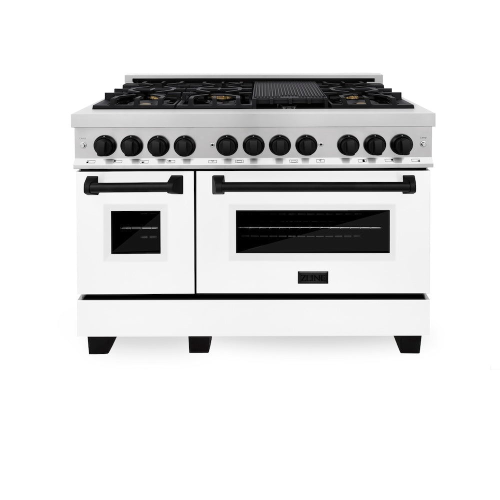 ZLINE Autograph Edition 48 in. 6.0 cu. ft. Legacy Dual Fuel Range with 7 Burner Gas Cooktop and 2 Electric Ovens in Stainless Steel with White Matte Doors and Matte Black Accents, Open Box-Good Condition