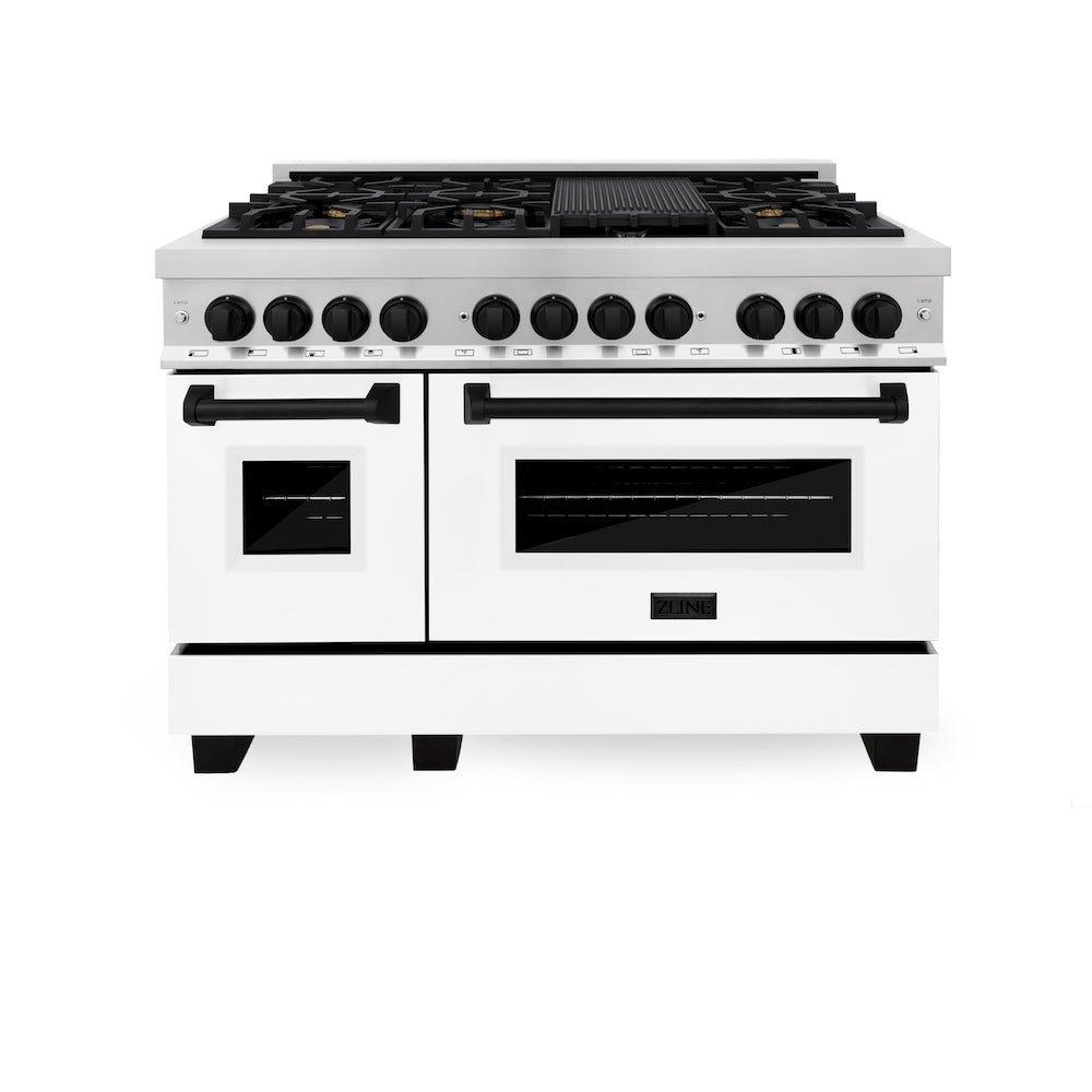 ZLINE Autograph Edition 48 in. Kitchen Package with Stainless Steel Dual Fuel Range with White Matte Door, Range Hood and Dishwasher with Matte Black Accents (3AKP-RAWMRHDWM48-MB)