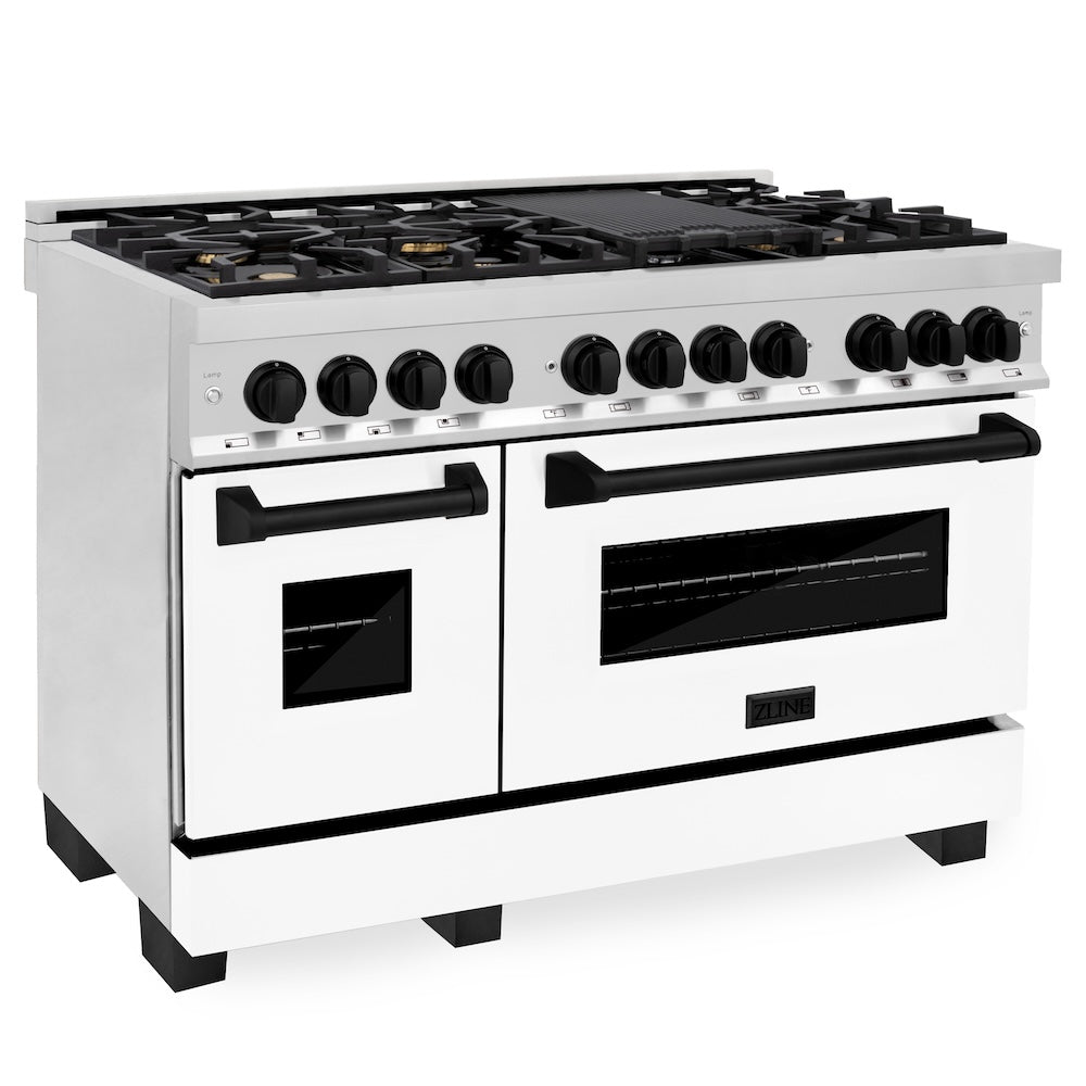 ZLINE Autograph Edition 48 in. 6.0 cu. ft. Legacy Dual Fuel Range with 7 Burner Gas Cooktop and 2 Electric Ovens in Stainless Steel with White Matte Doors and Matte Black Accents (RAZ-WM-48-MB) main image.