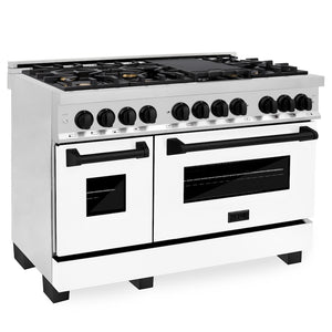 ZLINE Autograph Edition 48 in. 6.0 cu. ft. Legacy Dual Fuel Range with 7 Burner Gas Cooktop and 2 Electric Ovens in Stainless Steel with White Matte Doors and Matte Black Accents (RAZ-WM-48-MB) main image.