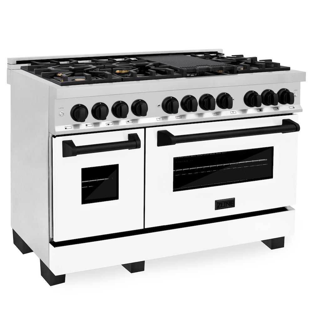 ZLINE Autograph Edition 48 in. 6.0 cu. ft. Legacy Dual Fuel Range with 7 Burner Gas Cooktop and 2 Electric Ovens in Stainless Steel with White Matte Doors and Matte Black Accents, Open Box-Good Condition