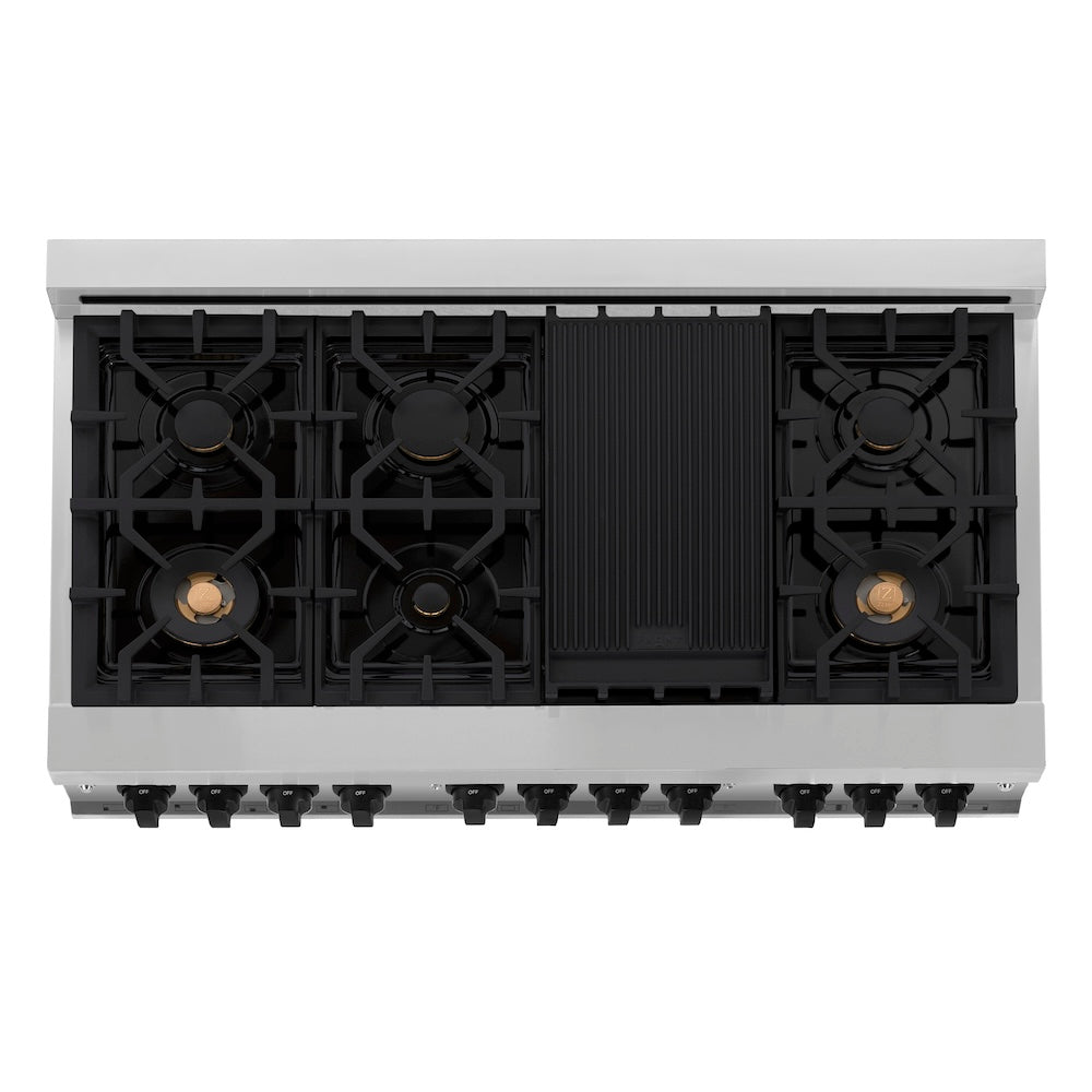 ZLINE Autograph Edition 48 in. 6.0 cu. ft. Legacy Dual Fuel Range with 7 Burner Gas Cooktop and 2 Electric Ovens in Stainless Steel with White Matte Doors and Matte Black Accents (RAZ-WM-48-MB) top-down, above cooktop.