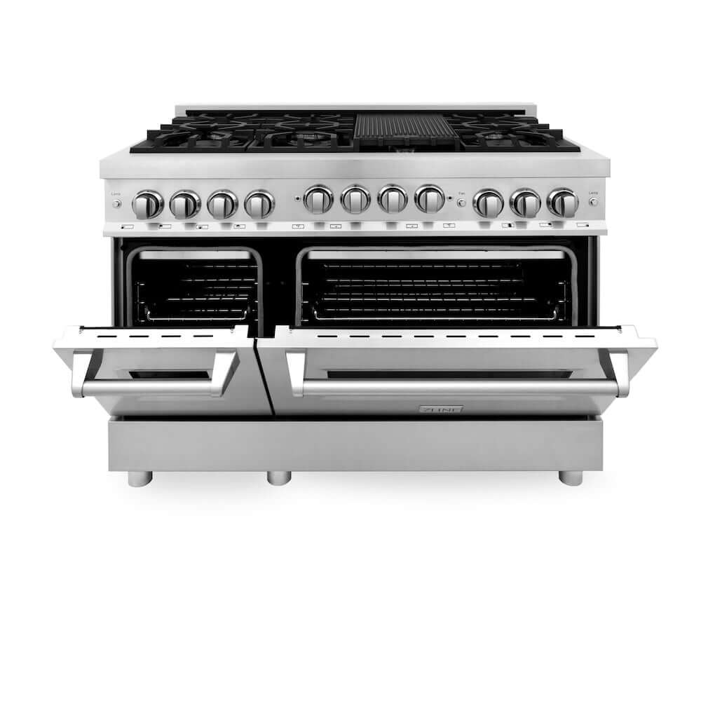 ZLINE 48 in. 6.0 cu. ft. Range with Natural Gas Stove and Natural Gas Oven in Stainless Steel (RG48) front, oven half open.
