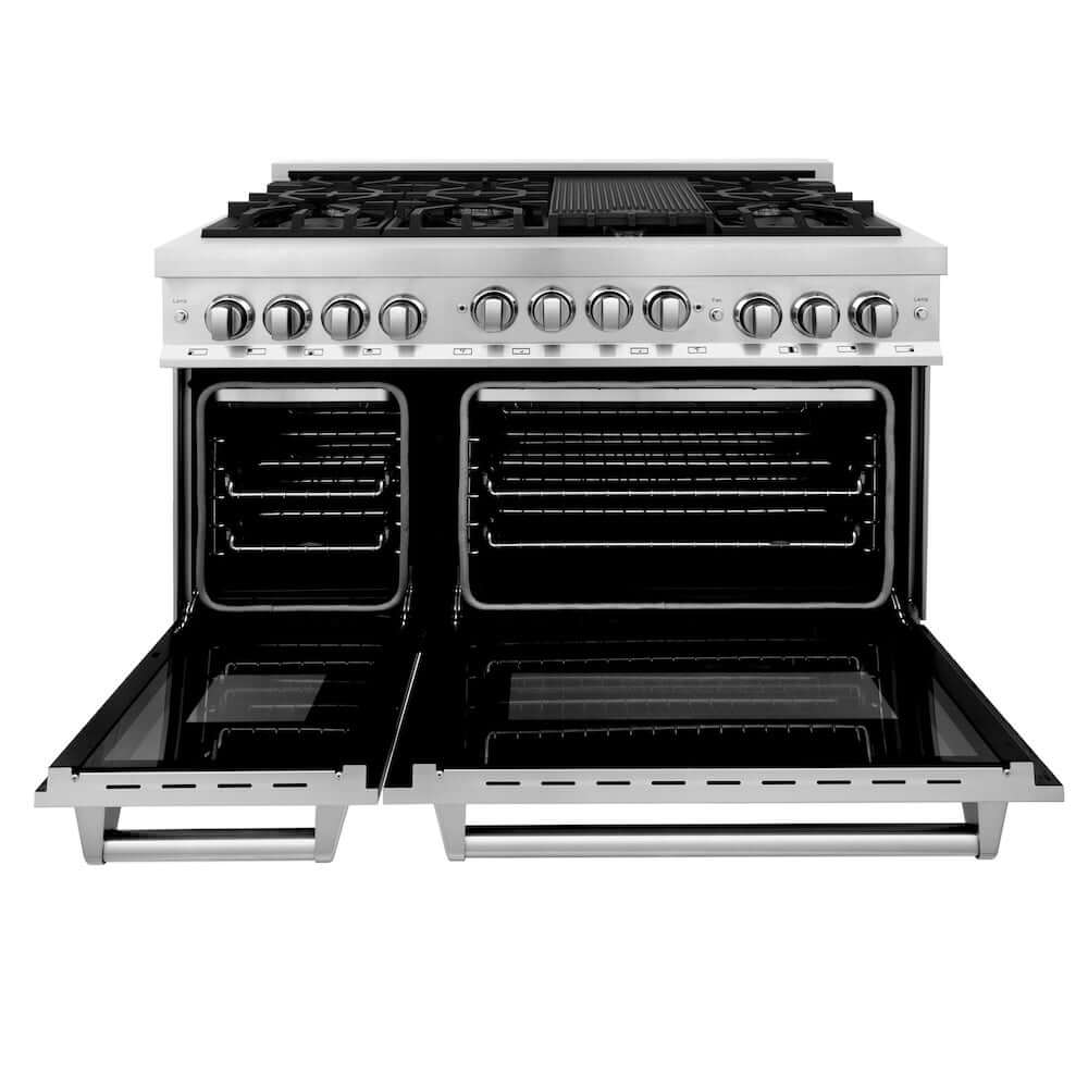 ZLINE 48 in. 6.0 cu. ft. Range with Natural Gas Stove and Natural Gas Oven in Stainless Steel (RG48) front, oven open.