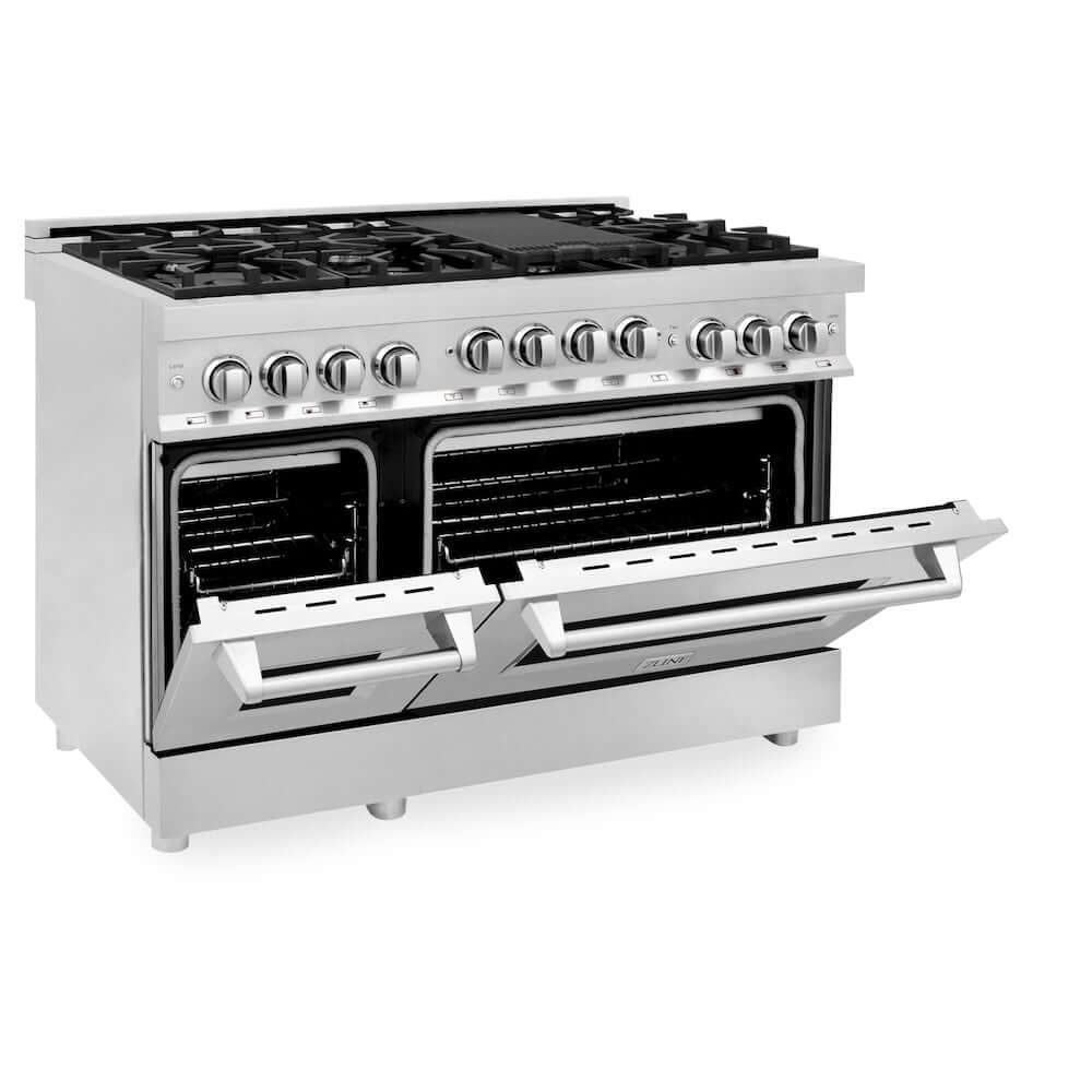 ZLINE 48 in. 6.0 cu. ft. Range with Natural Gas Stove and Natural Gas Oven in Stainless Steel (RG48) side, oven half open.