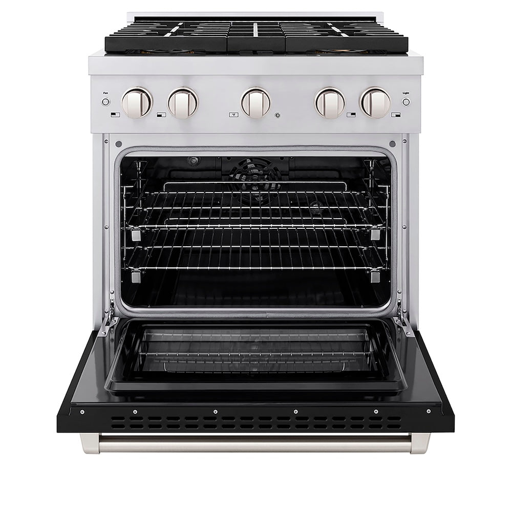 ZLINE 30 in. 4.2 cu. ft. Paramount Dual Fuel Range with 4 Burner DuoPro™ Cooktop and Electric Convection Oven with Black Matte Door (PSDR-BLM-30) front, oven open.