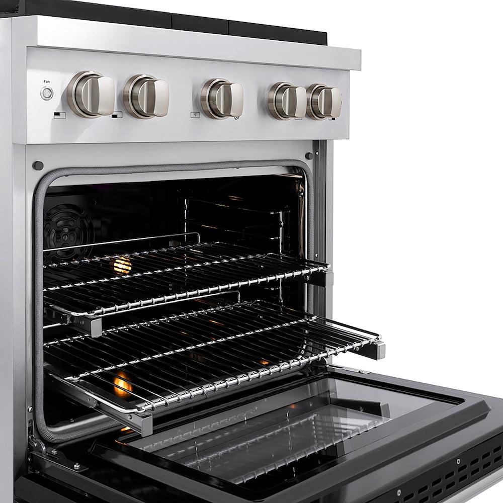 ZLINE 30 in. 4.2 cu. ft. Paramount Dual Fuel Range with 4 Burner DuoPro™ Cooktop and Electric Convection Oven with Black Matte Door (PSDR-BLM-30) side, oven open showing racks extended.