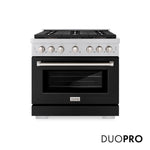 ZLINE 36 in. 5.2 cu. ft. Paramount Dual Fuel Range with 6 Burner DuoPro™ Cooktop and Electric Convection Oven with Black Matte Door (PSDR-BLM-36) front, with DuoPro™ logo.