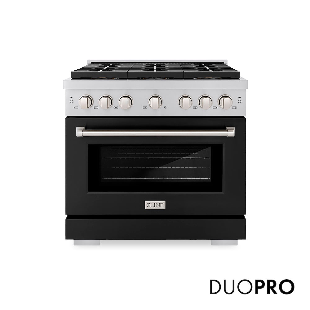 ZLINE 36 in. 5.2 cu. ft. Paramount Dual Fuel Range with 6 Burner DuoPro™ Cooktop and Electric Convection Oven with Black Matte Door (PSDR-BLM-36) front, with DuoPro™ logo.
