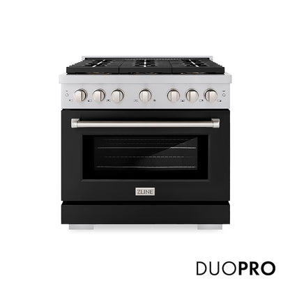 ZLINE 36 in. 5.2 cu. ft. Paramount Dual Fuel Range with 6 Burner DuoPro™ Cooktop and Electric Convection Oven with Black Matte Door (PSDR-BLM-36) front, with DuoPro™ logo.