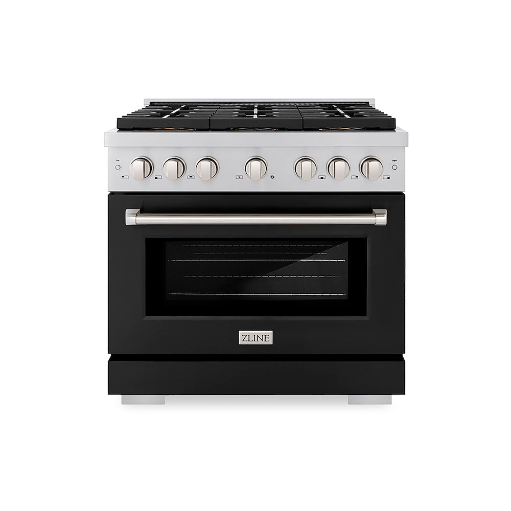 ZLINE 36 in. 5.2 cu. ft. Paramount Dual Fuel Range with 6 Burner DuoPro™ Cooktop and Electric Convection Oven with Black Matte Door (PSDR-BLM-36) front.