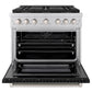 ZLINE 36 in. 5.2 cu. ft. Paramount Dual Fuel Range with 6 Burner DuoPro™ Cooktop and Electric Convection Oven with Black Matte Door (PSDR-BLM-36) front, oven open.