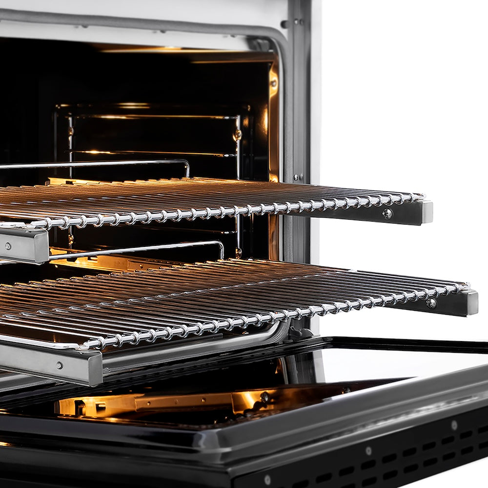ZLINE 36 in. 5.2 cu. ft. Paramount Dual Fuel Range with 6 Burner DuoPro™ Cooktop and Electric Convection Oven with Black Matte Door (PSDR-BLM-36) side, oven open showing racks extended.
