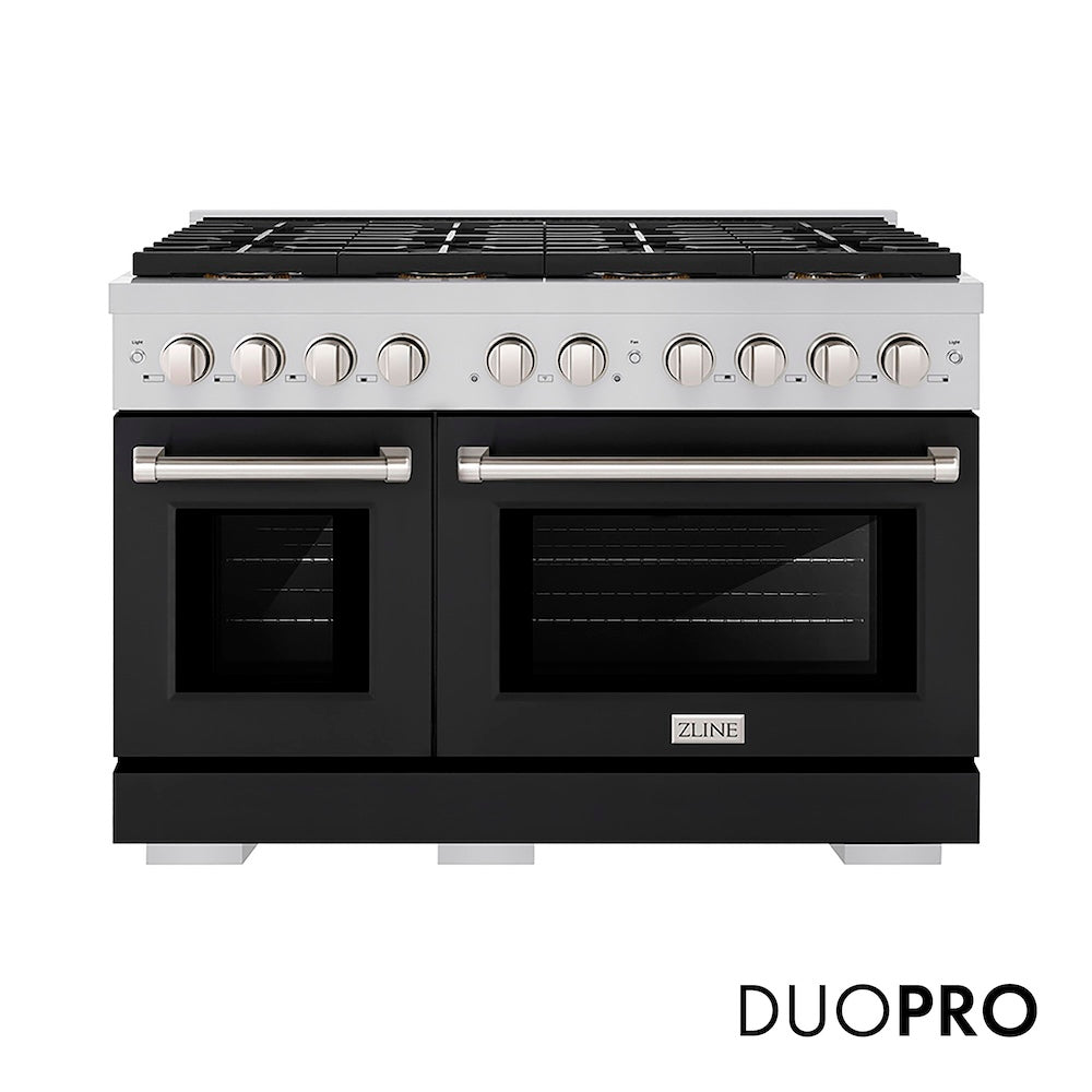 ZLINE 48 in. 6.7 cu. ft. Paramount Dual Fuel Range with 8 Burner DuoPro™ Cooktop and Dual Ovens with Black Matte Doors (PSDR-BLM-48) front, with DuoPro™ logo.