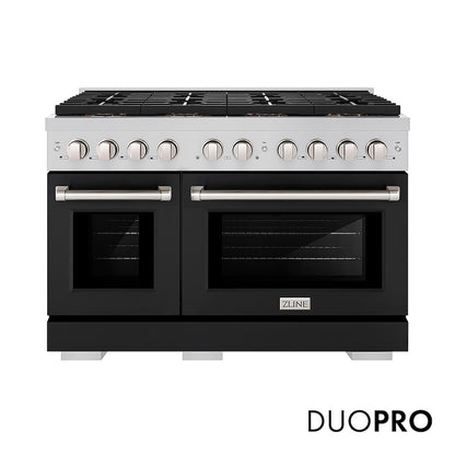 ZLINE 48 in. 6.7 cu. ft. Paramount Dual Fuel Range with 8 Burner DuoPro™ Cooktop and Dual Ovens with Black Matte Doors (PSDR-BLM-48) front, with DuoPro™ logo.
