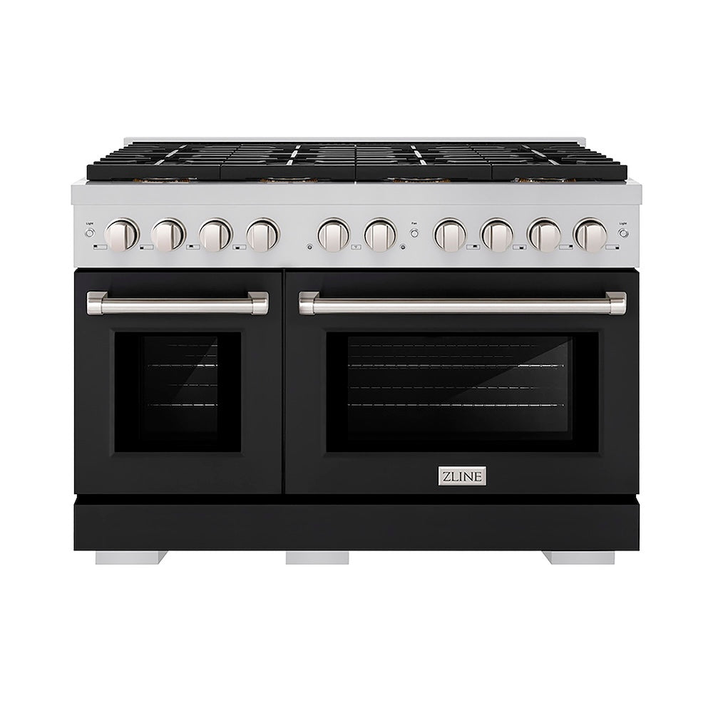 ZLINE 48 in. 6.7 cu. ft. Paramount Dual Fuel Range with 8 Burner DuoPro™ Cooktop and Dual Ovens with Black Matte Doors (PSDR-BLM-48) front.
