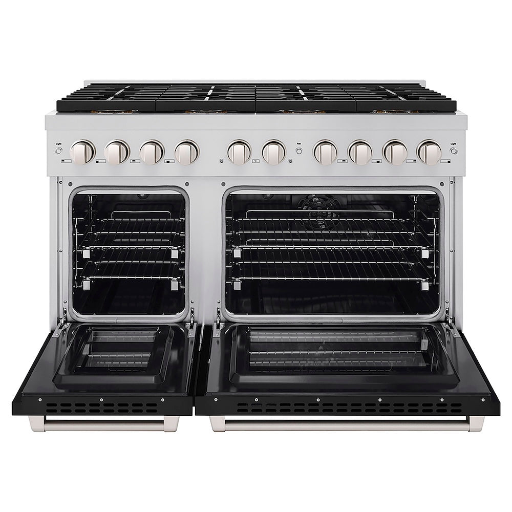ZLINE 48 in. 6.7 cu. ft. Paramount Dual Fuel Range with 8 Burner DuoPro™ Cooktop and Dual Ovens with Black Matte Doors (PSDR-BLM-48) front, oven open.