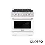 ZLINE 30 in. 4.2 cu. ft. Paramount Dual Fuel Range with 4 Burner DuoPro™ Cooktop and Electric Convection Oven with White Matte Door (PSDR-WM-30) front, with DuoPro™ logo.