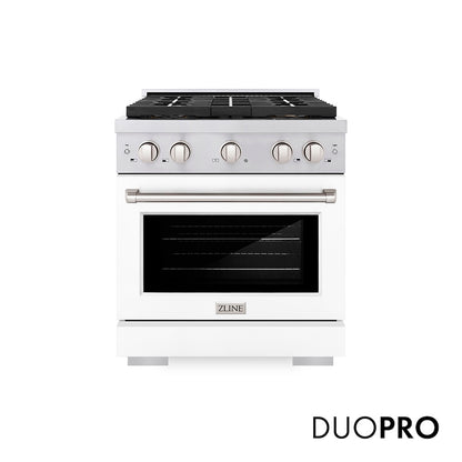 ZLINE 30 in. 4.2 cu. ft. Paramount Dual Fuel Range with 4 Burner DuoPro™ Cooktop and Electric Convection Oven with White Matte Door (PSDR-WM-30) front, with DuoPro™ logo.