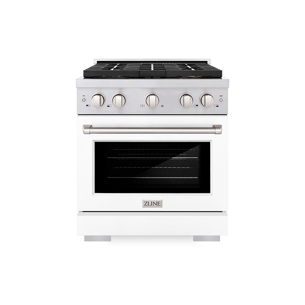ZLINE 30 in. 4.2 cu. ft. Paramount Dual Fuel Range with 4 Burner DuoPro™ Cooktop and Electric Convection Oven with White Matte Door (PSDR-WM-30) front.