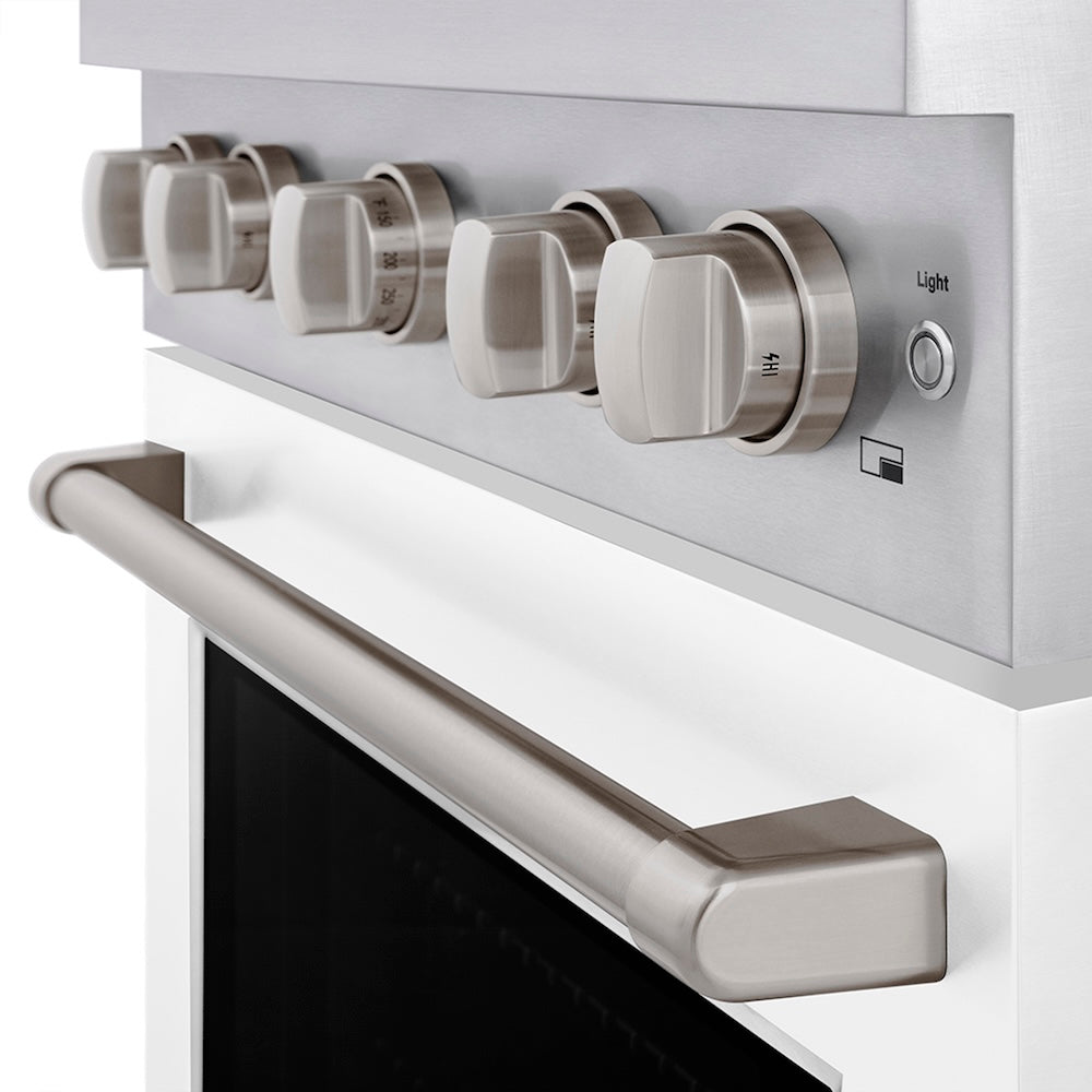 ZLINE 30 in. 4.2 cu. ft. Paramount Dual Fuel Range with 4 Burner DuoPro™ Cooktop and Electric Convection Oven with White Matte Door (PSDR-WM-30) control knobs.