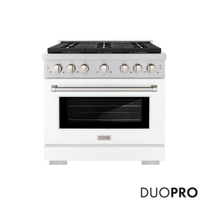 ZLINE 36 in. 5.2 cu. ft. Paramount Dual Fuel Range with 6 Burner DuoPro™ Cooktop and Electric Convection Oven with White Matte Door (PSDR-WM-36) main image.