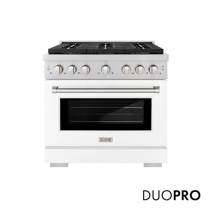 ZLINE 36 in. 5.2 cu. ft. Paramount Dual Fuel Range with 6 Burner DuoPro™ Cooktop and Electric Convection Oven with White Matte Door (PSDR-WM-36) front, with DuoPro™ logo.