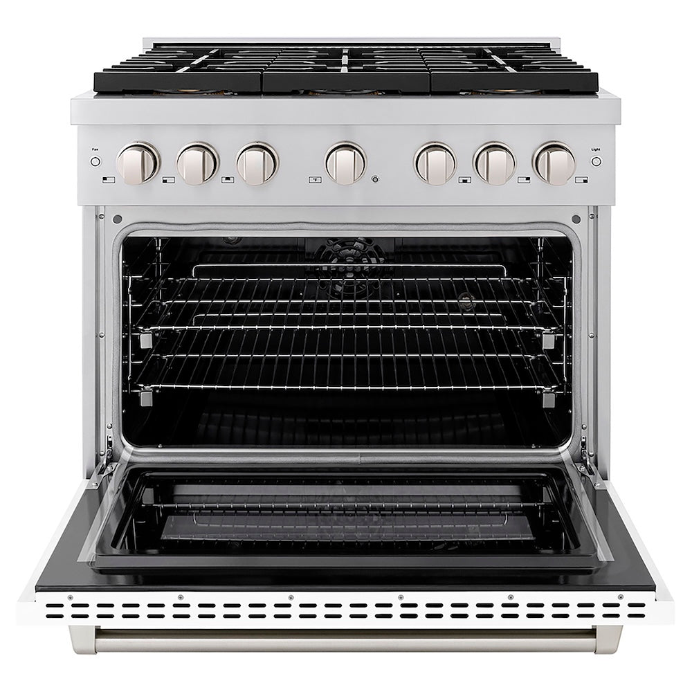 ZLINE 36 in. 5.2 cu. ft. Paramount Dual Fuel Range with 6 Burner DuoPro™ Cooktop and Electric Convection Oven with White Matte Door (PSDR-WM-36) front, oven open.