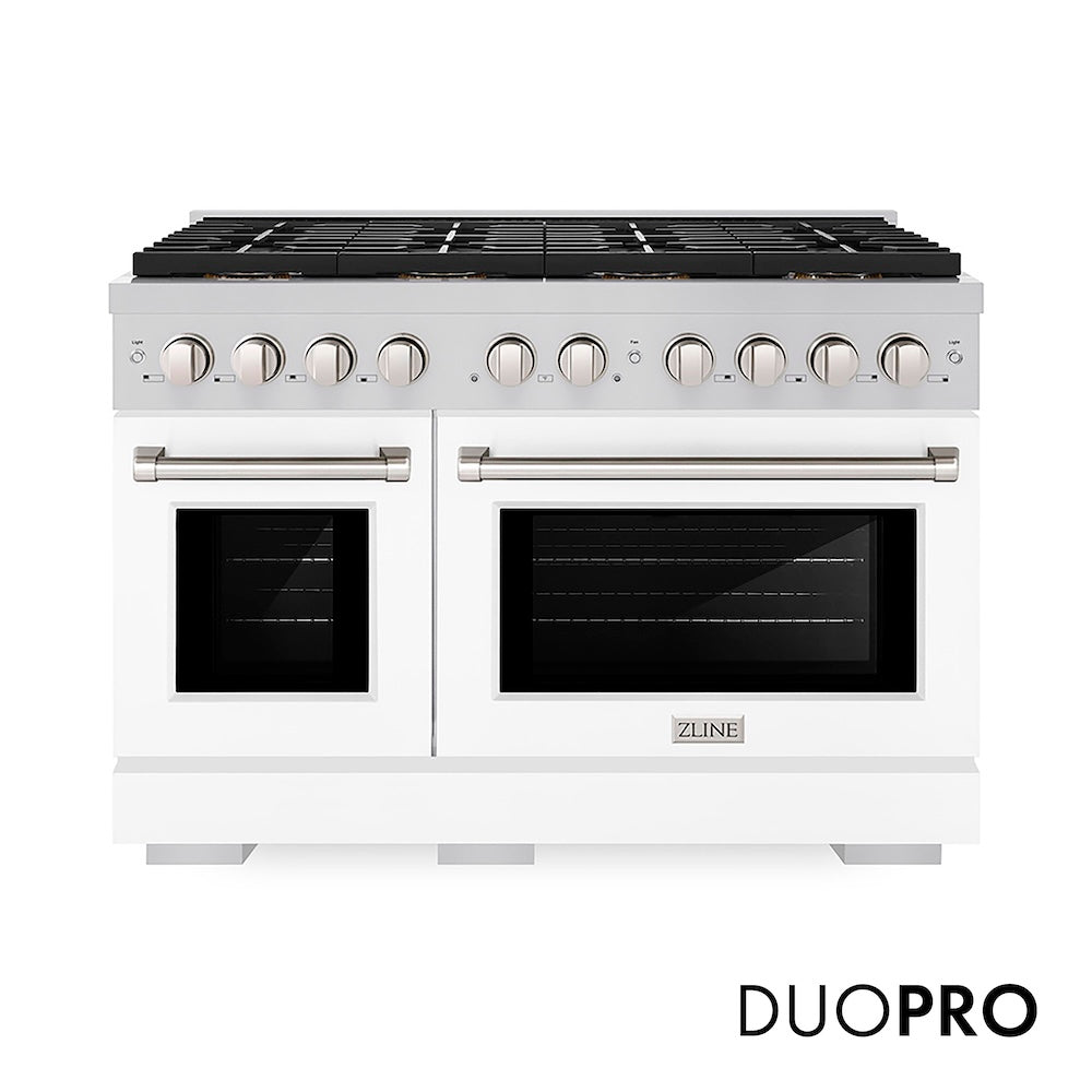 ZLINE 48 in. 6.7 cu. ft. Paramount Dual Fuel Range with 8 Burner DuoPro™ Cooktop and Dual Ovens with White Matte Doors (PSDR-WM-48) front, with DuoPro™ logo.