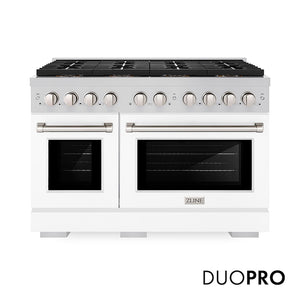 ZLINE 48 in. 6.7 cu. ft. Paramount Dual Fuel Range with 8 Burner DuoPro™ Cooktop and Dual Ovens with White Matte Doors (PSDR-WM-48) main image.